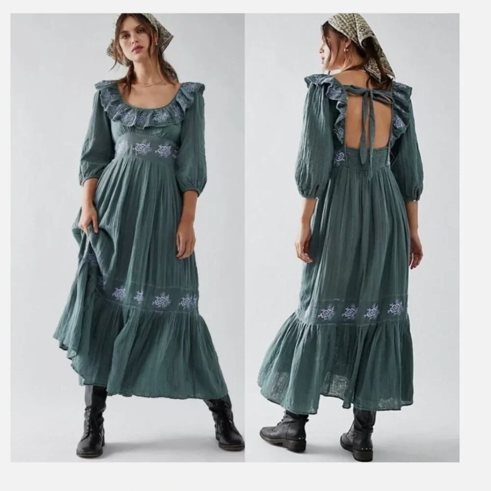 NWT Free People Lovers Lane Maxi Dress Green Blue Embroidered Ruffle Medium - Picture 1 of 13